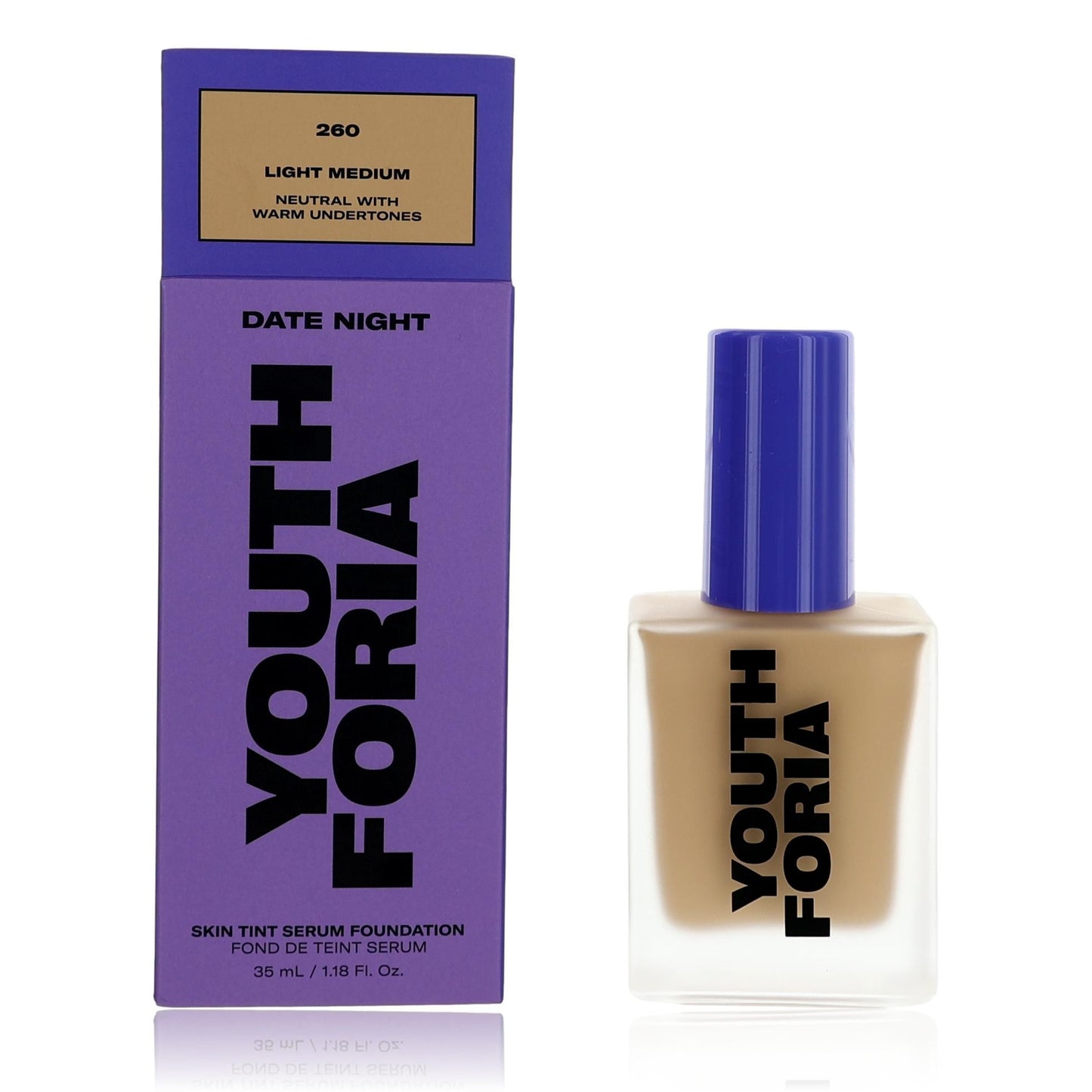 Youthforia – Date Night Skin Tint Serum Foundation 260 Light Medium, 1.18 Oz